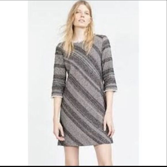 ZARA Gray Basic Medium Knit Black Stripes 3/4 Sleeves Dress - Picture 3 of 15